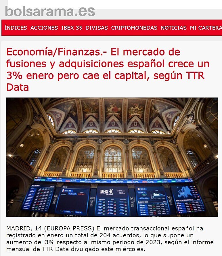 Economa/Finanzas.- El mercado de fusiones y adquisiciones espaol crece un 3% enero pero cae el capital, segn TTR Data